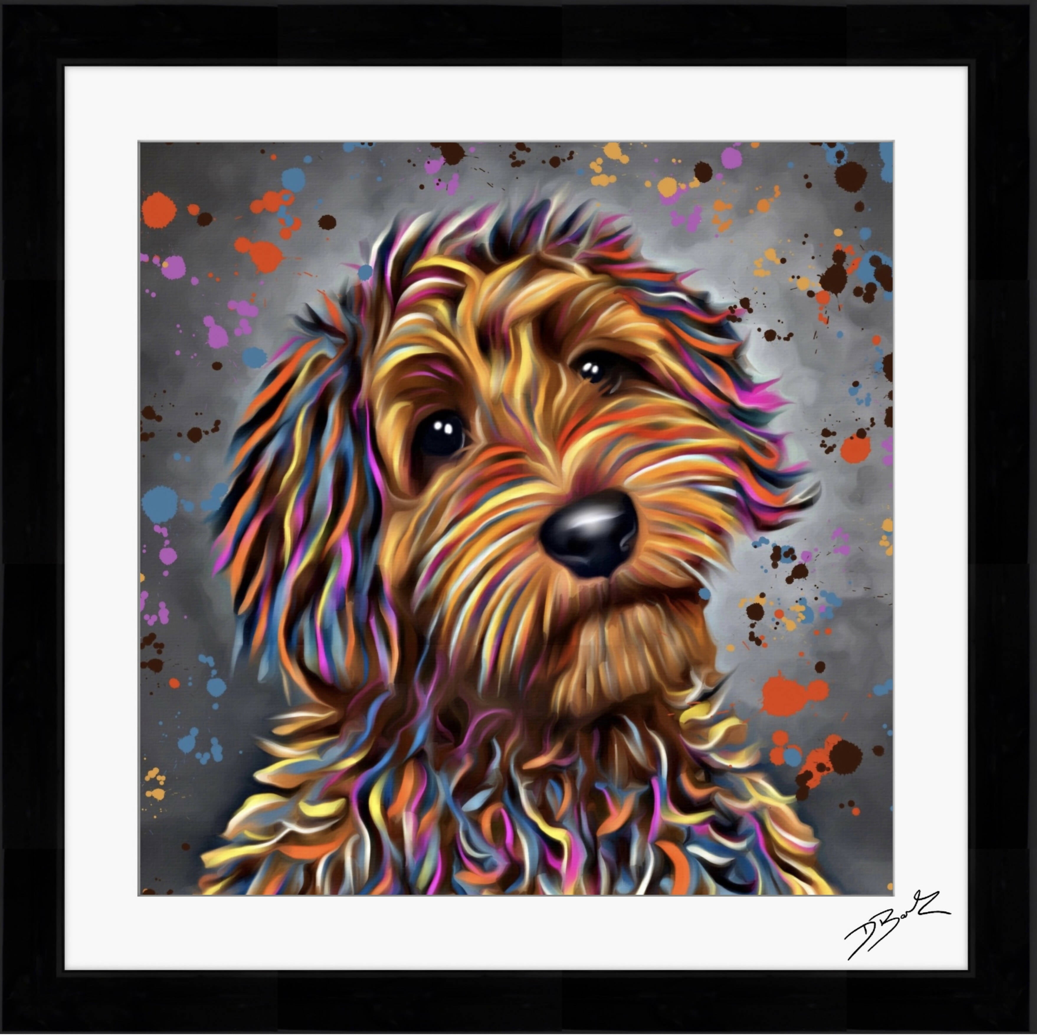 LABRADOODLE DOG COLOUR SPLASH FRAMED ARTWORK.