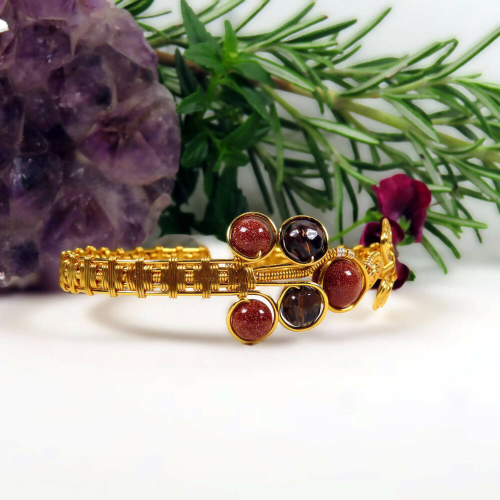 Goldstone & Smokey Quartz Gold Coloured Cuff