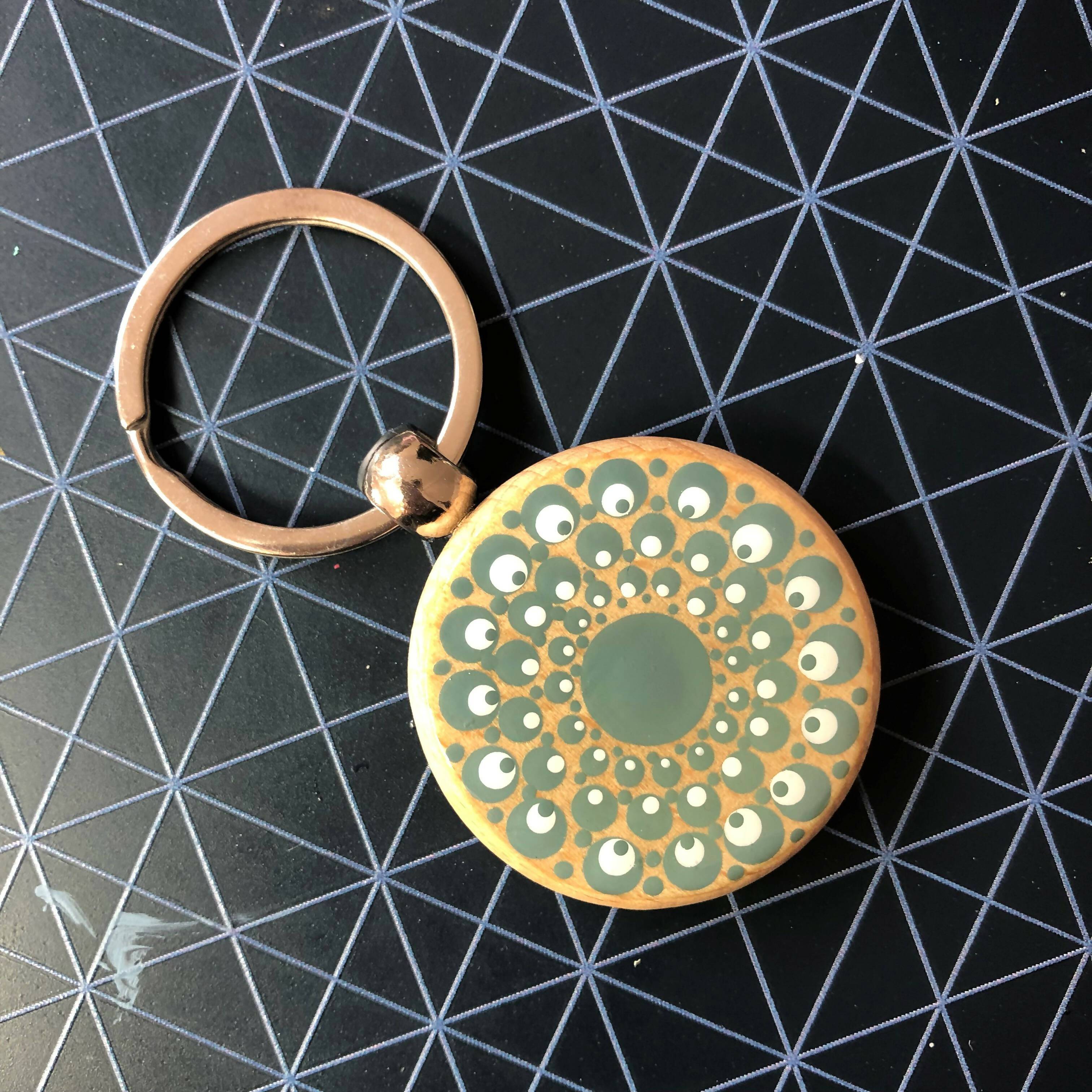 Hand Painted Dot Mandala Wooden Key Ring: Thicket Green with White