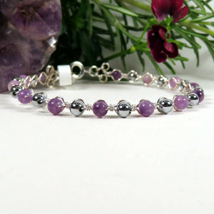 18cm Silver plated stacking bracelet with 4mm Lepidolite and EP Haematite