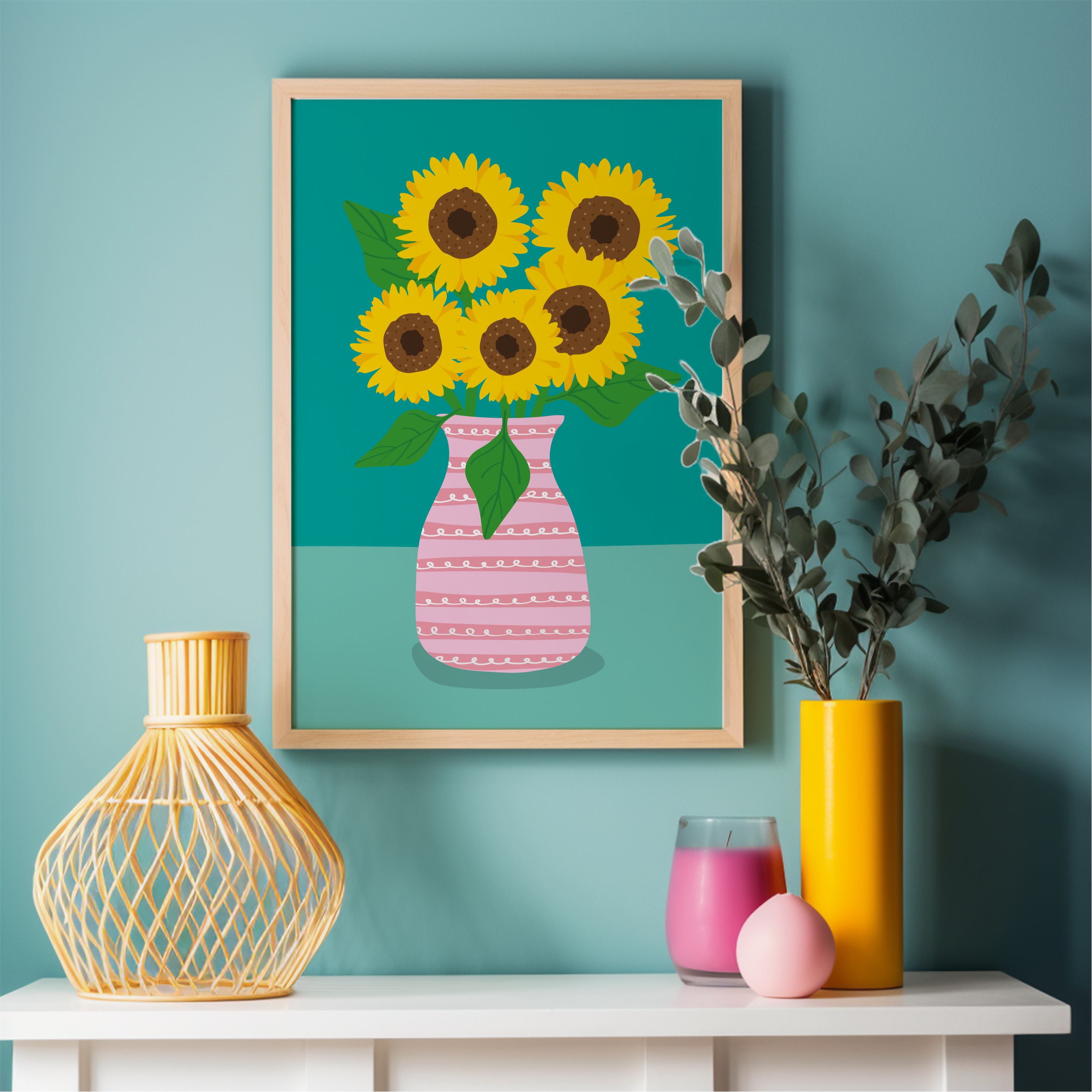 A4 Teal Sunflower Vase Print