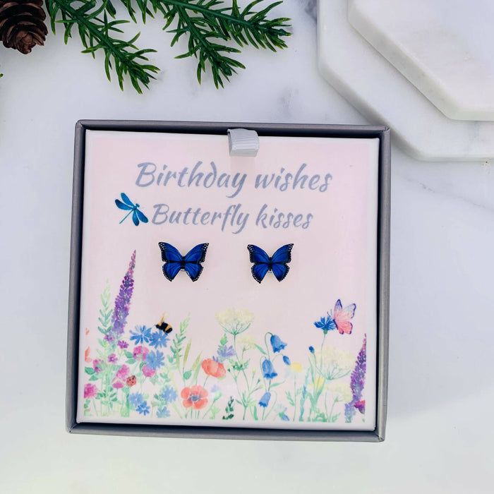 Blue Butterfly Earrings With Quote Card