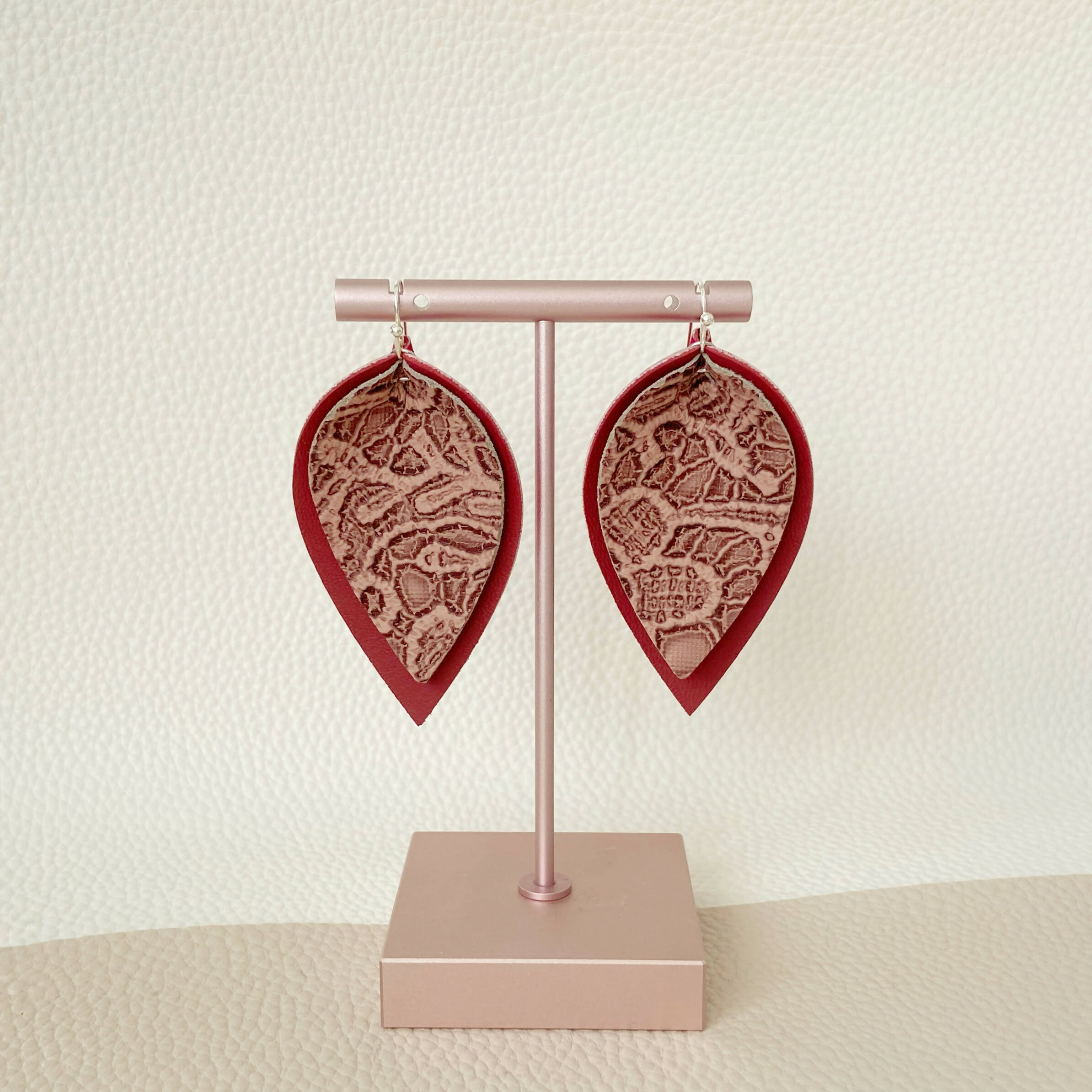 Red Brown Lace Print Pinched Leaf Shaped Earrings in Faux Leather