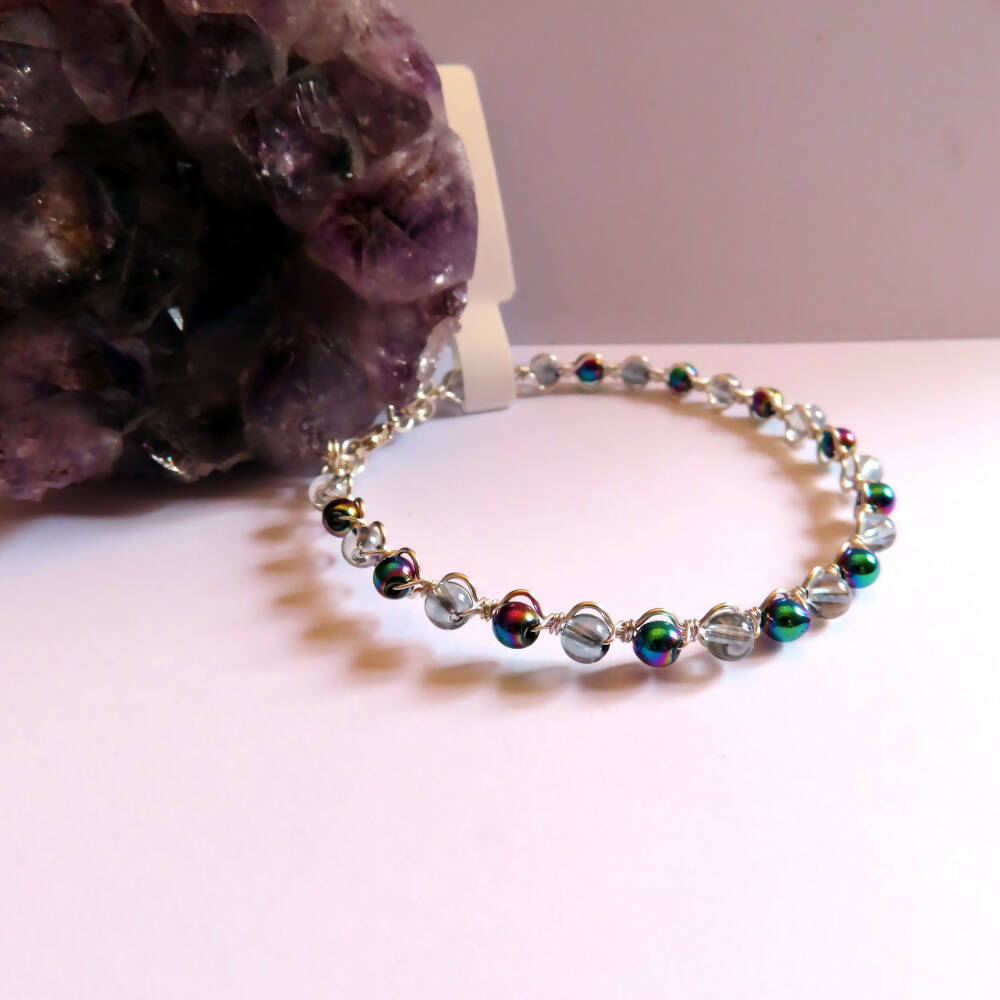 Rainbow Haematite & Silver Quartz, Silver Plated Stacking Bracelet