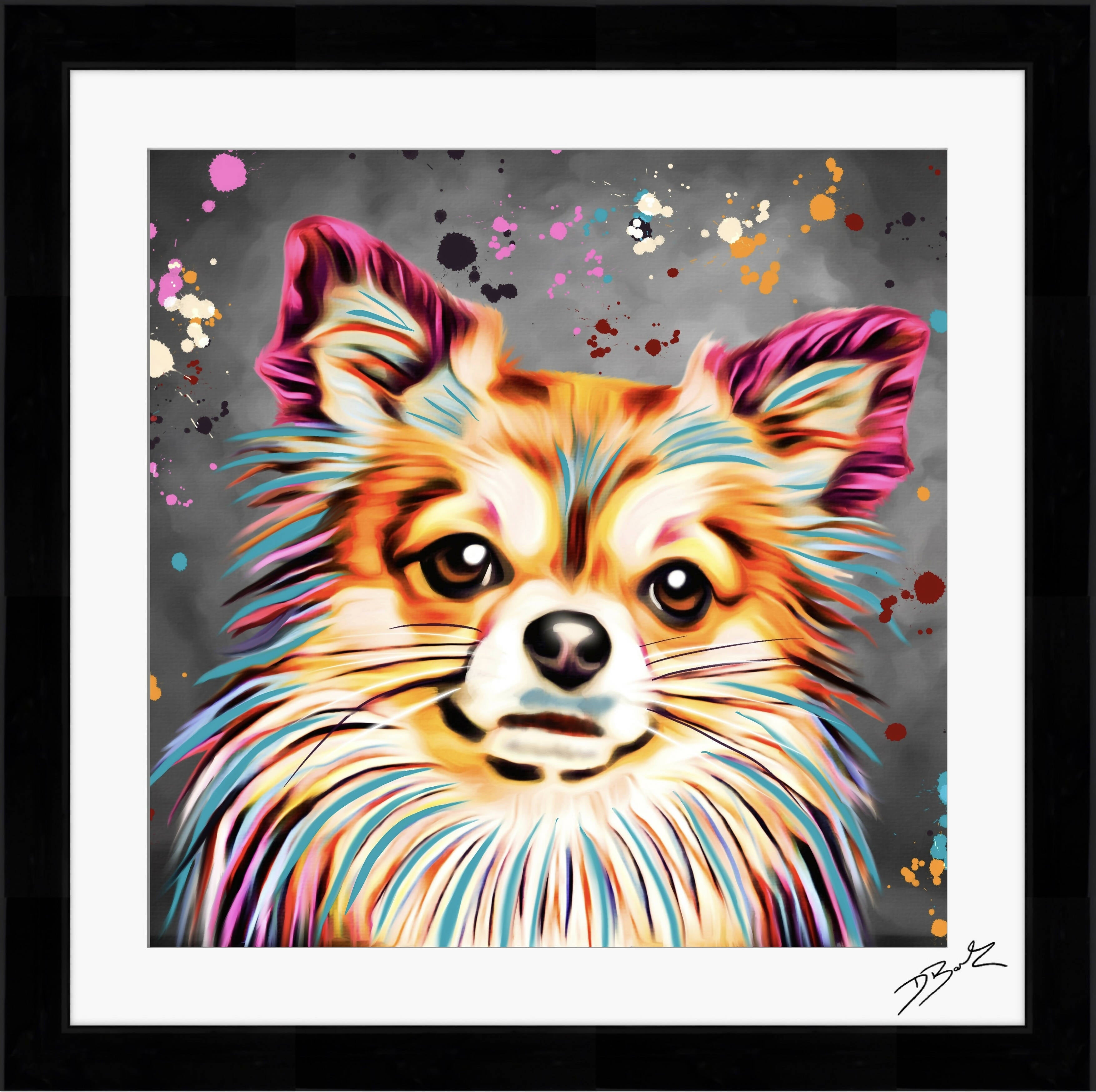 LONG HAIR CHIHUAHUA DOG COLOUR SPLASH FRAMED ARTWORK.