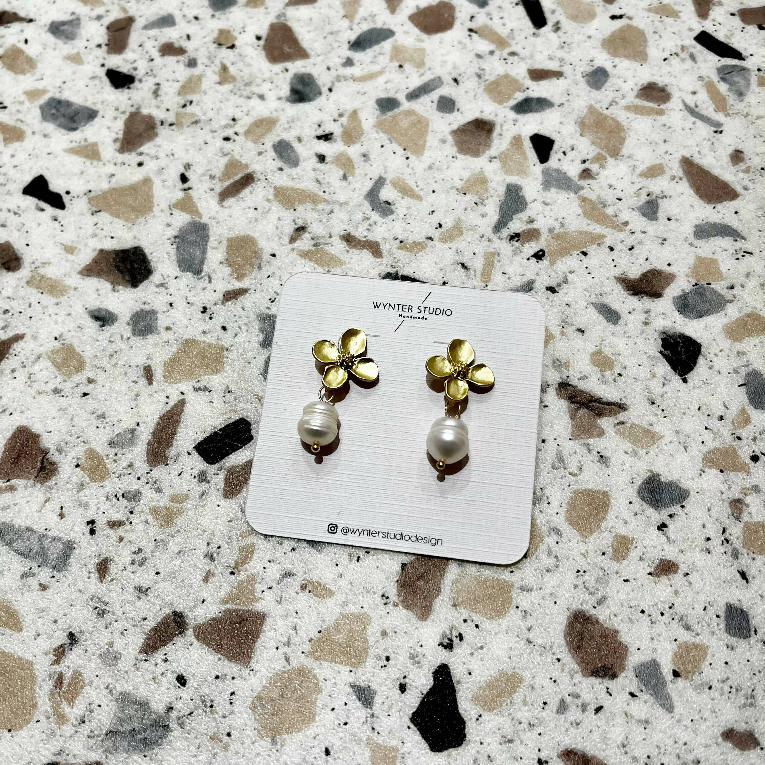 Gold Flower & Pearl Earrings