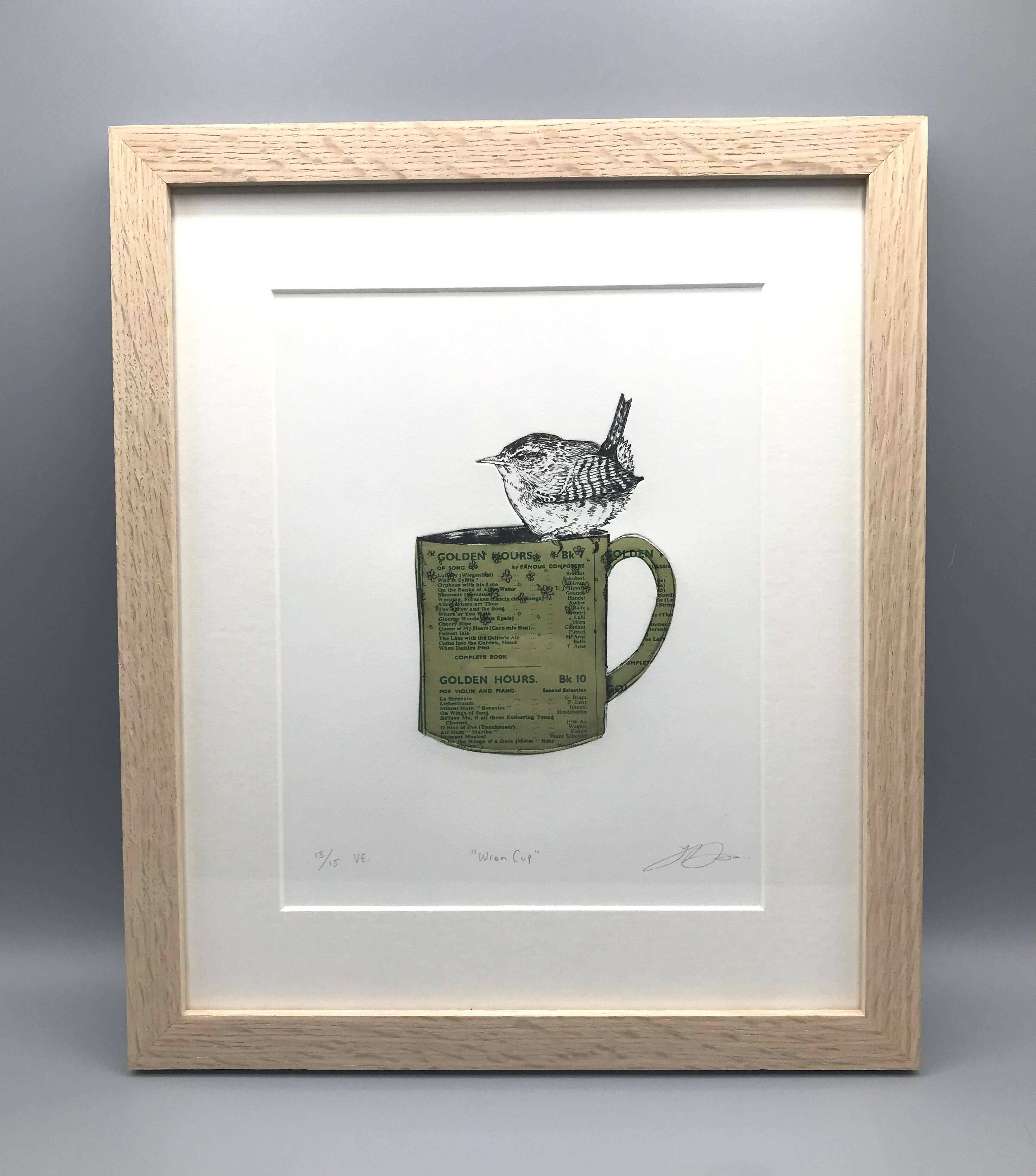 Wren Cup ( 13/15) Limited Edition Dry Point Print with Chine Colle Applied Vintage Music