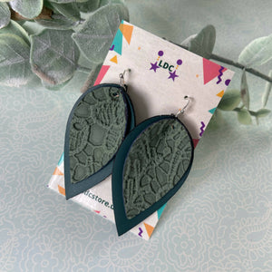 Green Lace Print Pinched Leaf Shaped Earrings in Faux Leather