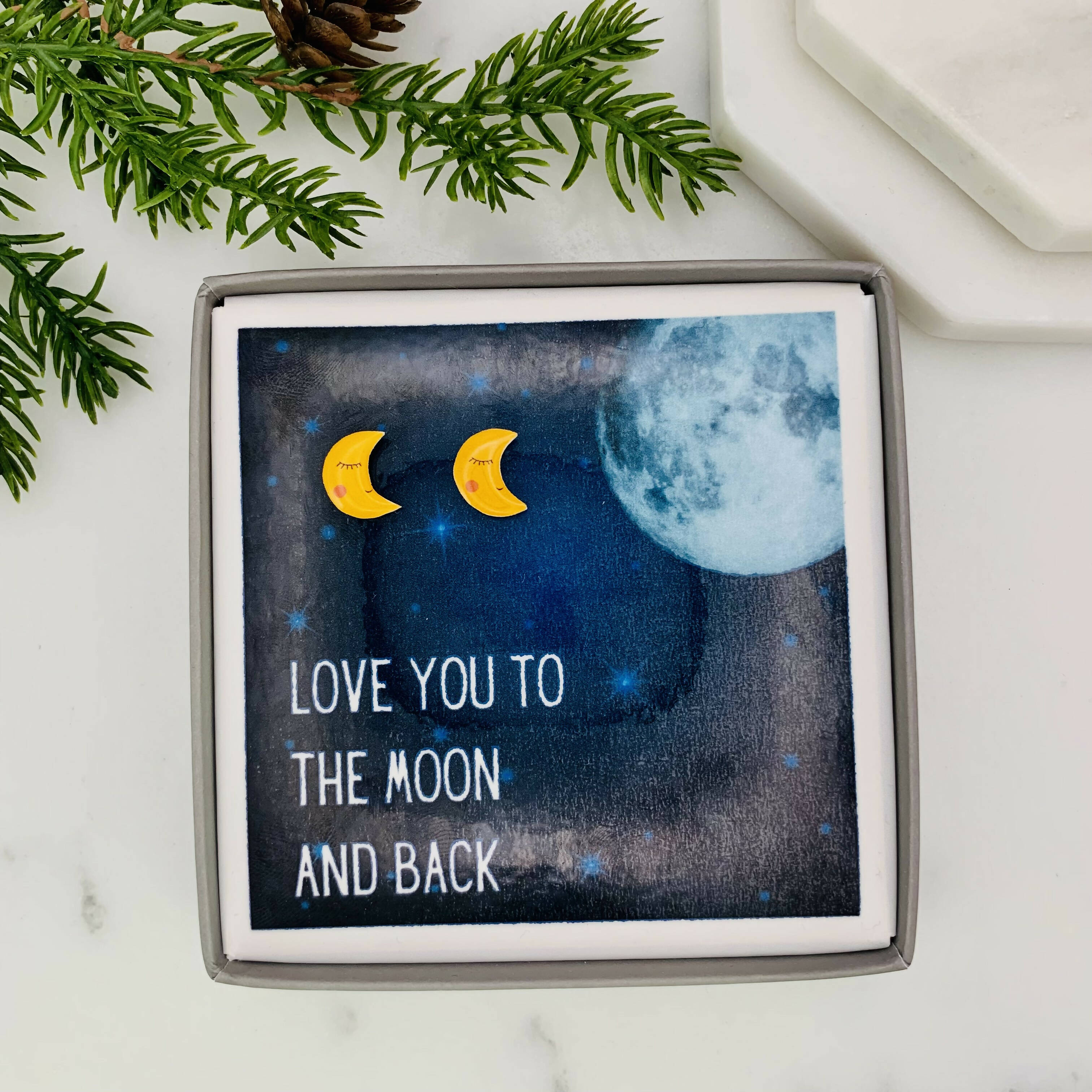 Love you to the moon and back, Jewellery quote card with earrings.