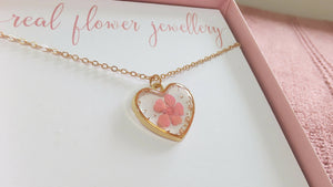 Pink Baby’s Breath Medium Heart Necklace Gold Plated