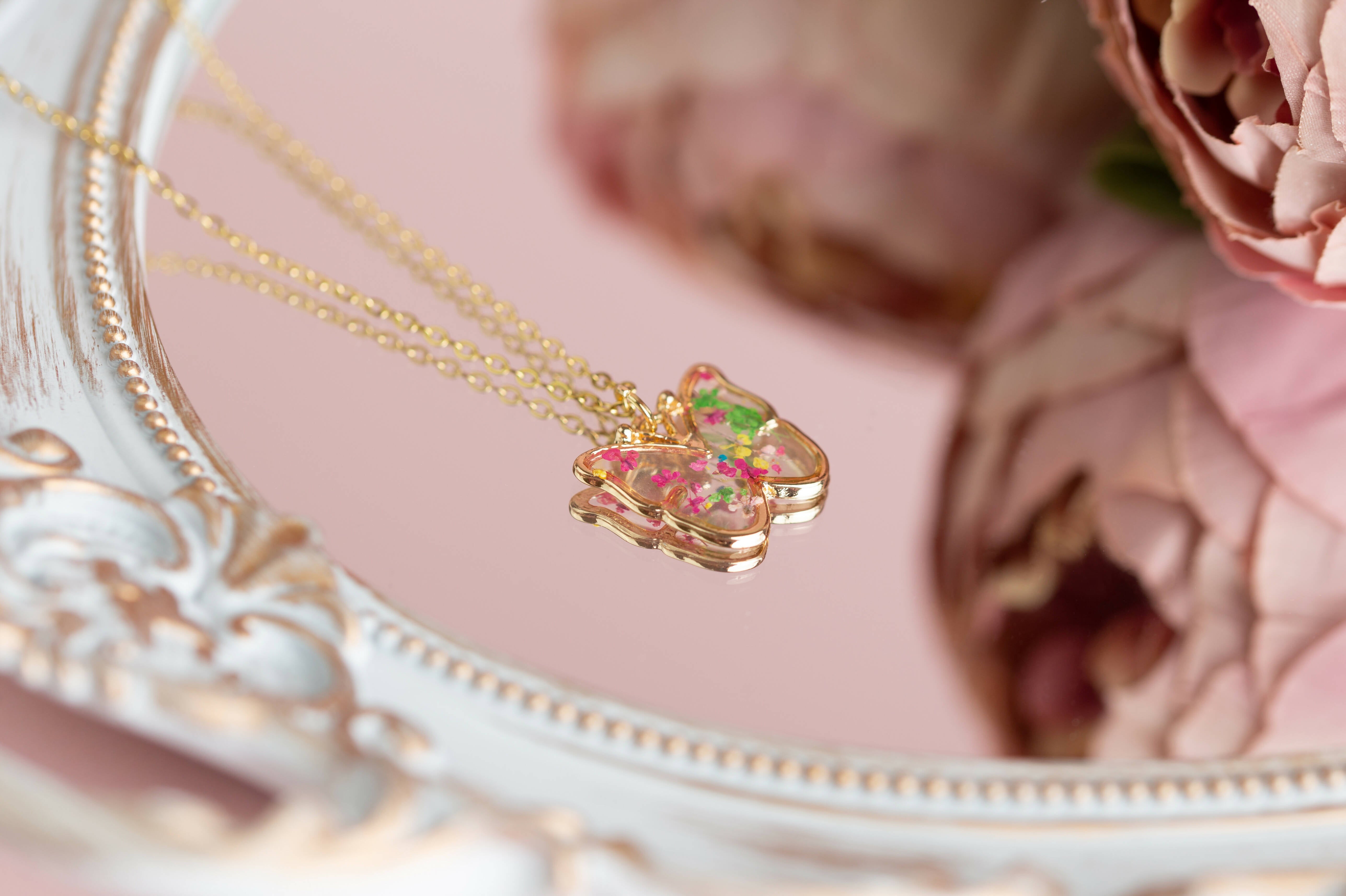 Small Real Flower Multicolour Butterfly Necklace Gold Plated