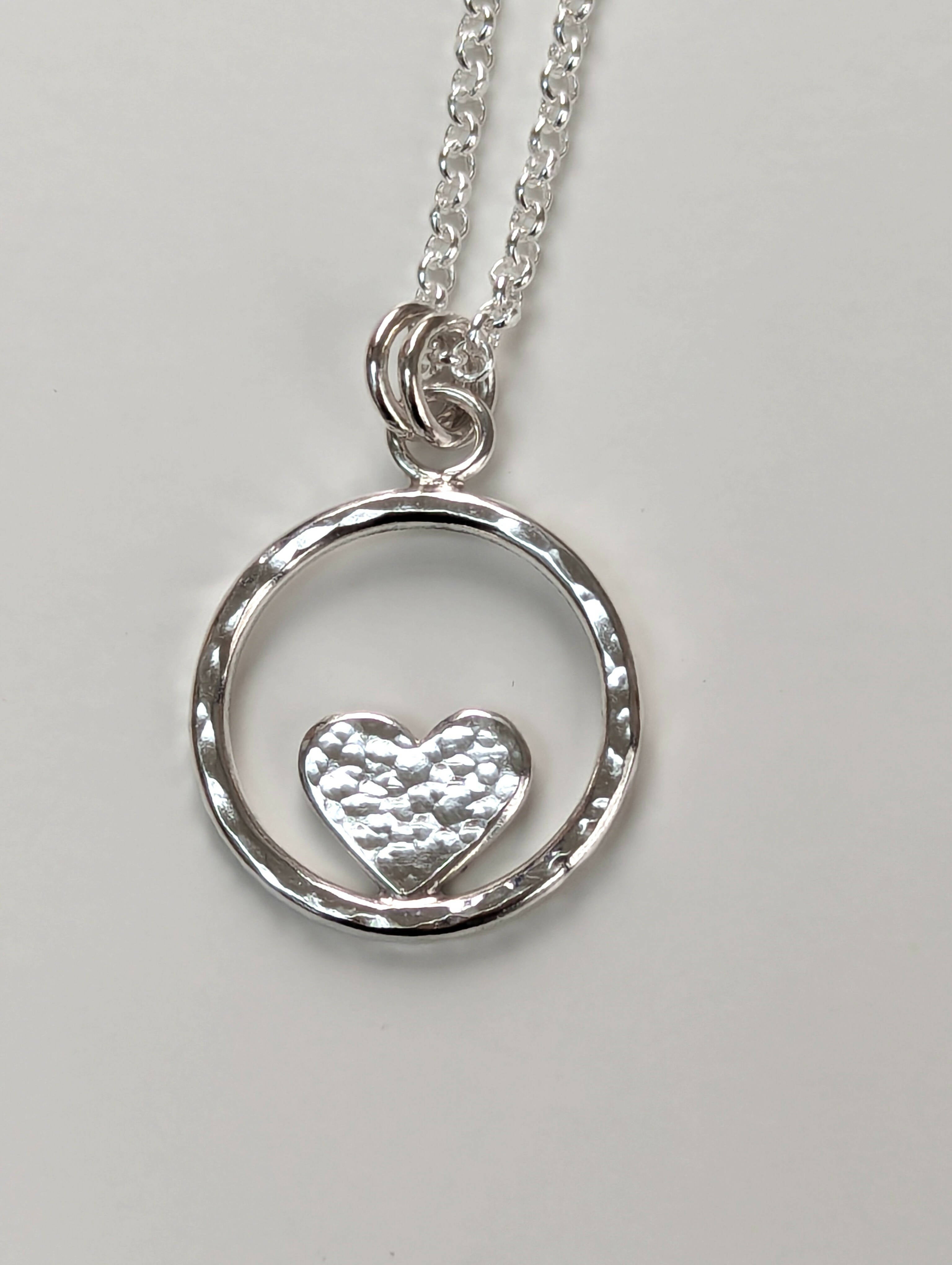 Open Circle Hammered Heart Sterling Silver Necklace - Handmade