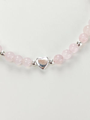 Sterling silver heart and rose quartz skinny bracelet - Handmade