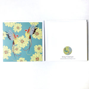 Turquoise Flying Birds & Flowers Greetings Card