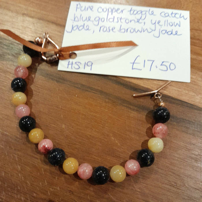 Pure Copper Toggle Catch Bracelet with Blue Goldstone, Yellow Jade and Rose Brown Jade
