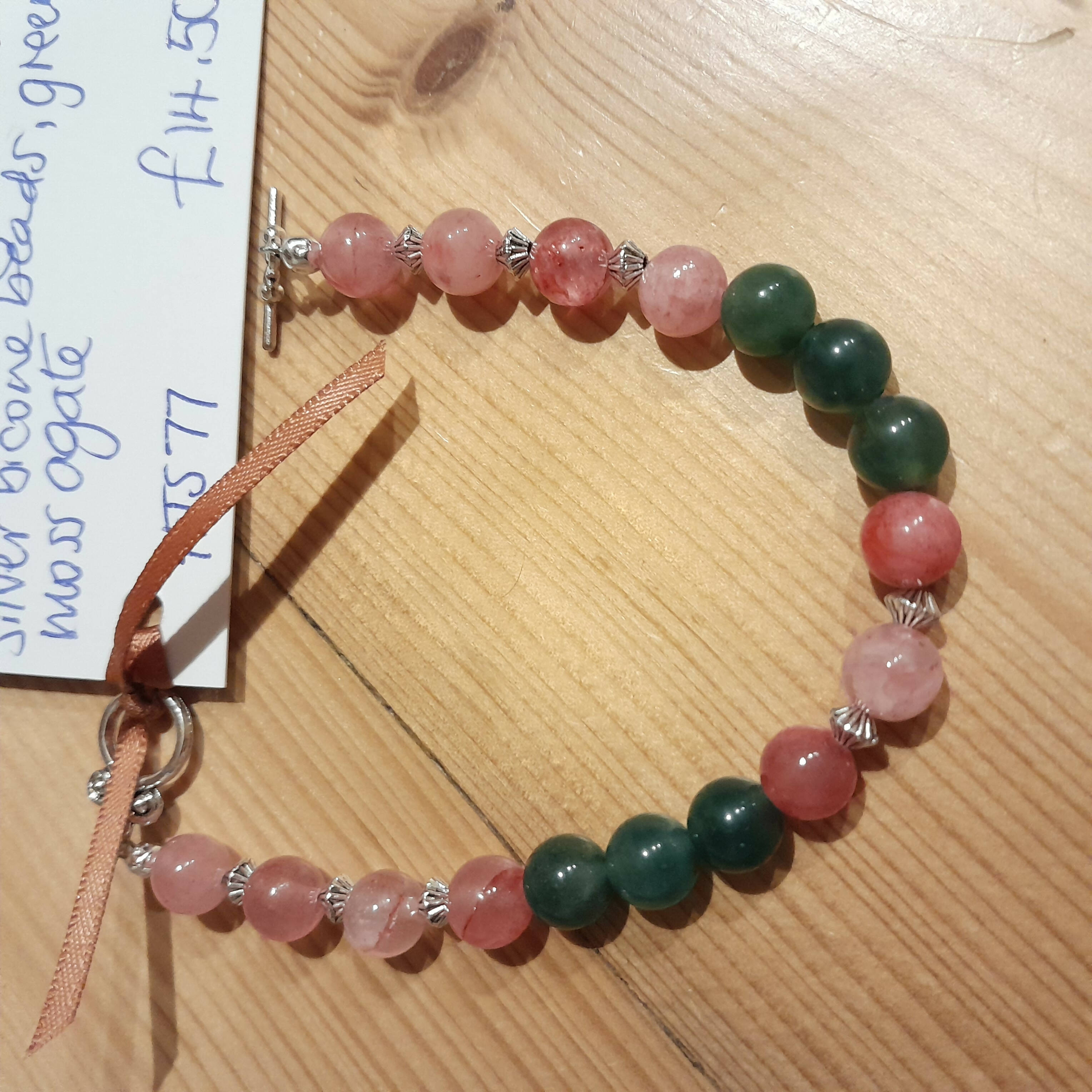 Tibetan Silver Toggle Clasp Bracelet with Pink/Brown Agate, Tibetan Silver Bacon Beads and Moss Green Agate