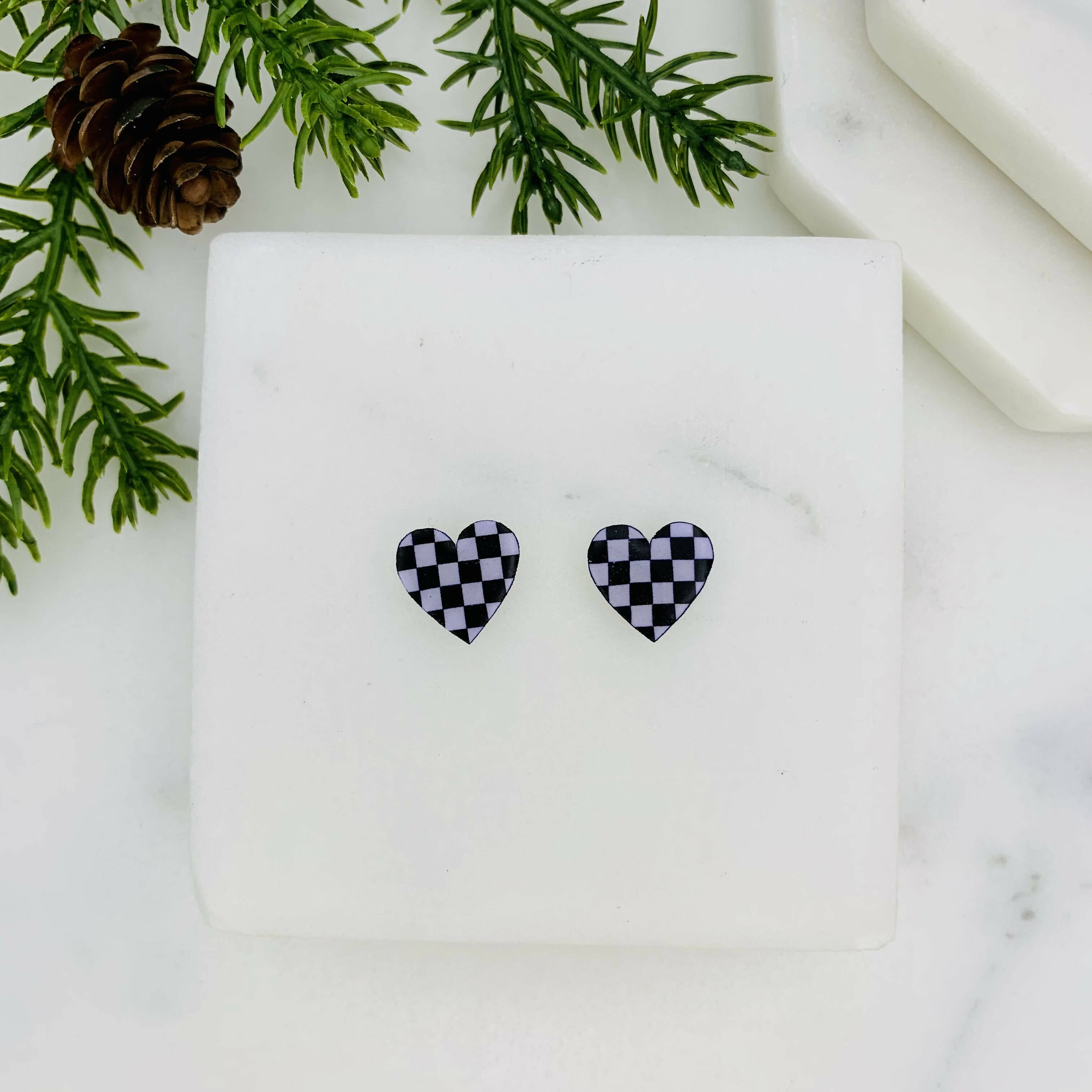 Chequered Heart Stud Earrings