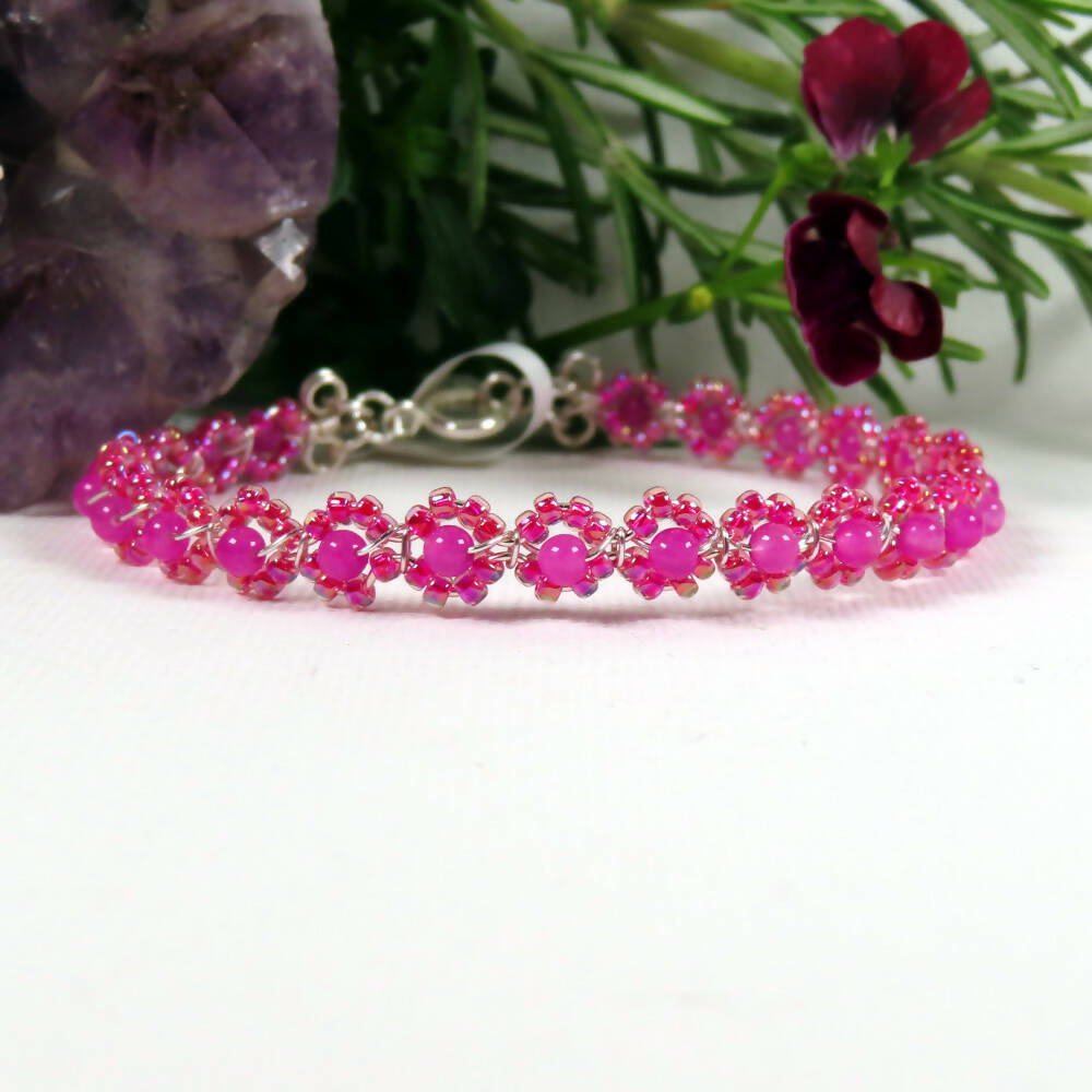 17cm Silver Plated Stacking Bracelet with 3mm Dyed Pink Jade & Fuschia Lined Crystal Miyuki Seed Beads