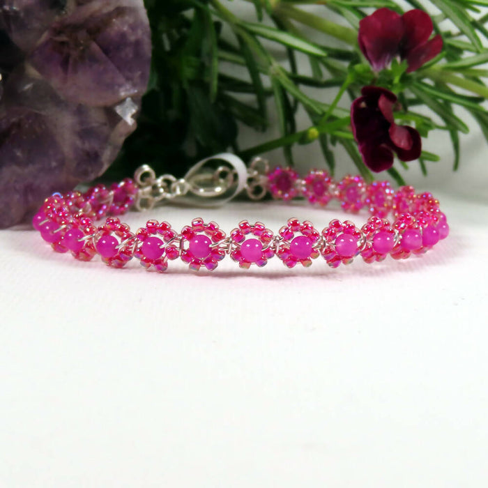 17cm Silver plated stacking bracelet with 3mm dyed Pink Jade & Fuschia Lined Crystal Miyuki Seed Beads
