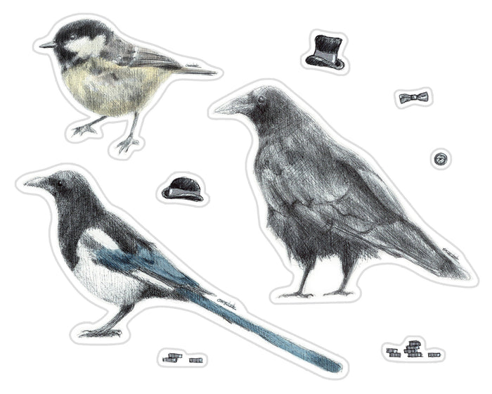 A6 Fancy Birds with Hats Sticker Sheet | feat. Carrion crow, Magpie, Coal tit | Biro-pen & Watercolour Drawings