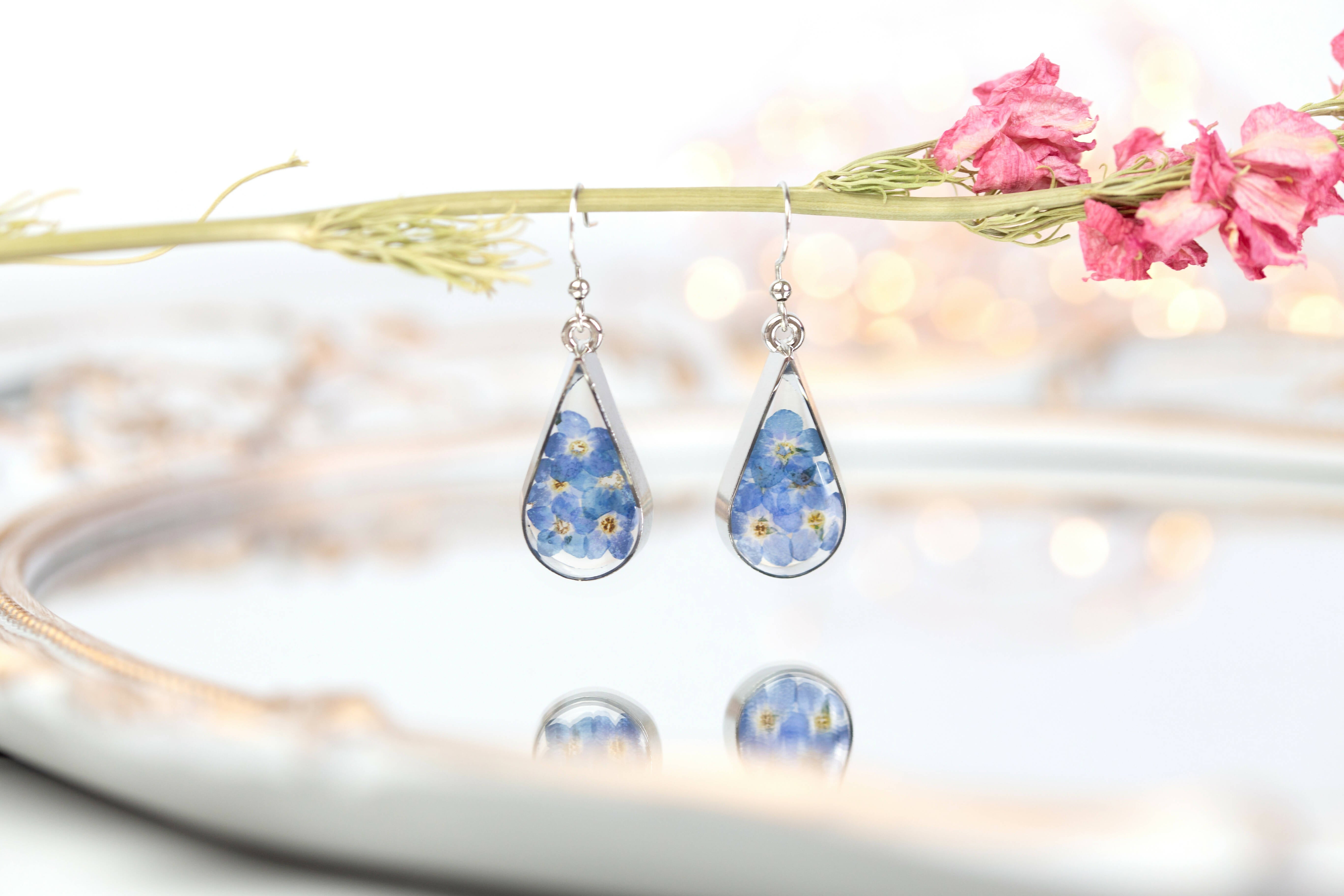 Forget Me Not Deep Teardrop Earrings Silver Plated