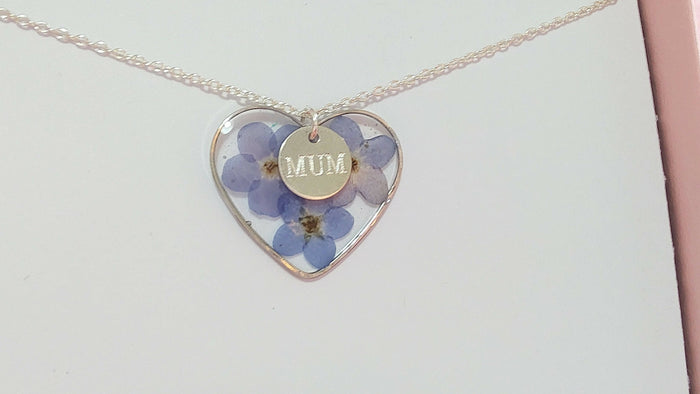 Forget Me Not Heart Necklace with MUM Charm Sterling Silver