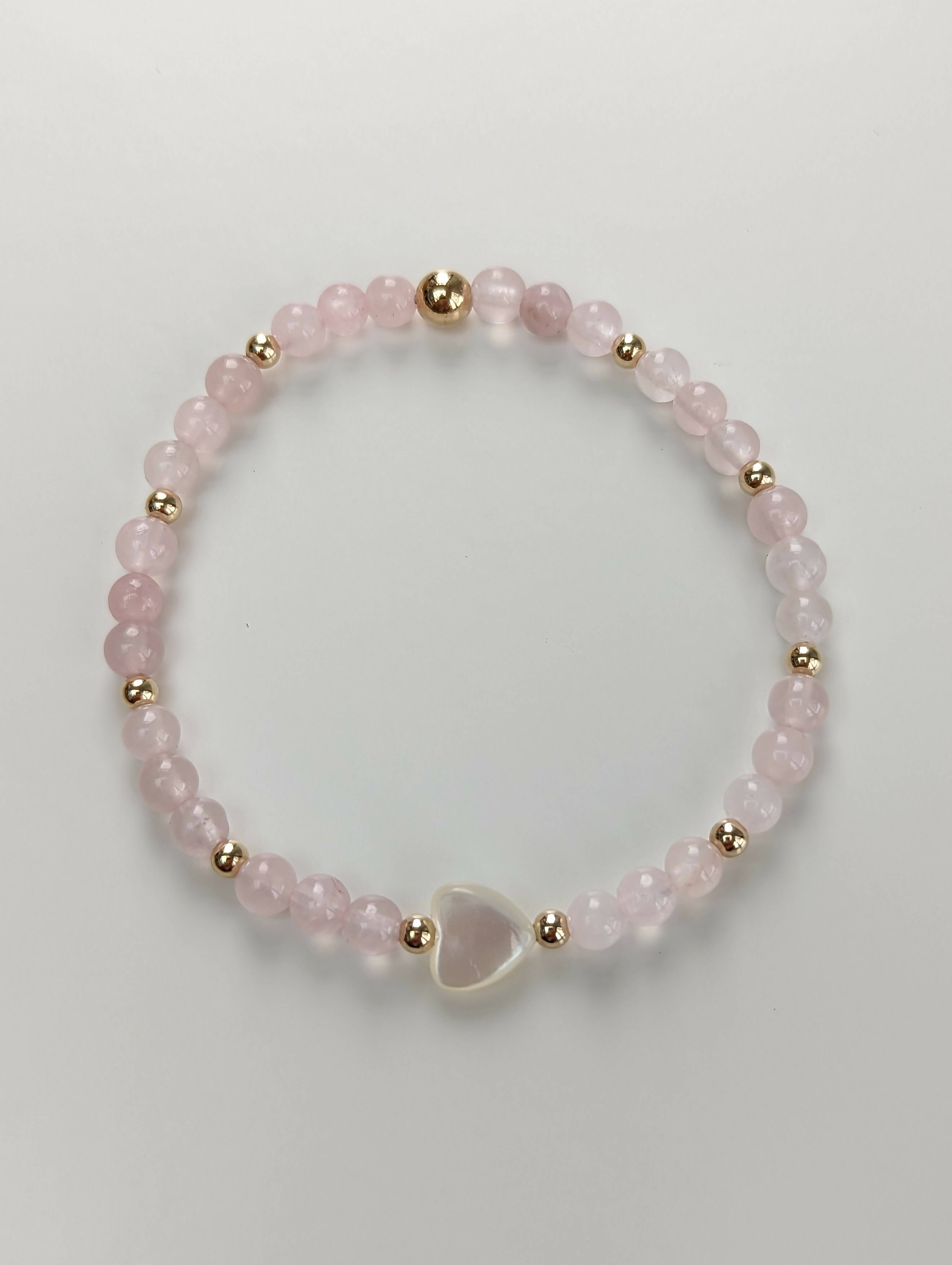 Mother of Pearl Heart and Rose Quartz Skinny Bracelet - Handmade