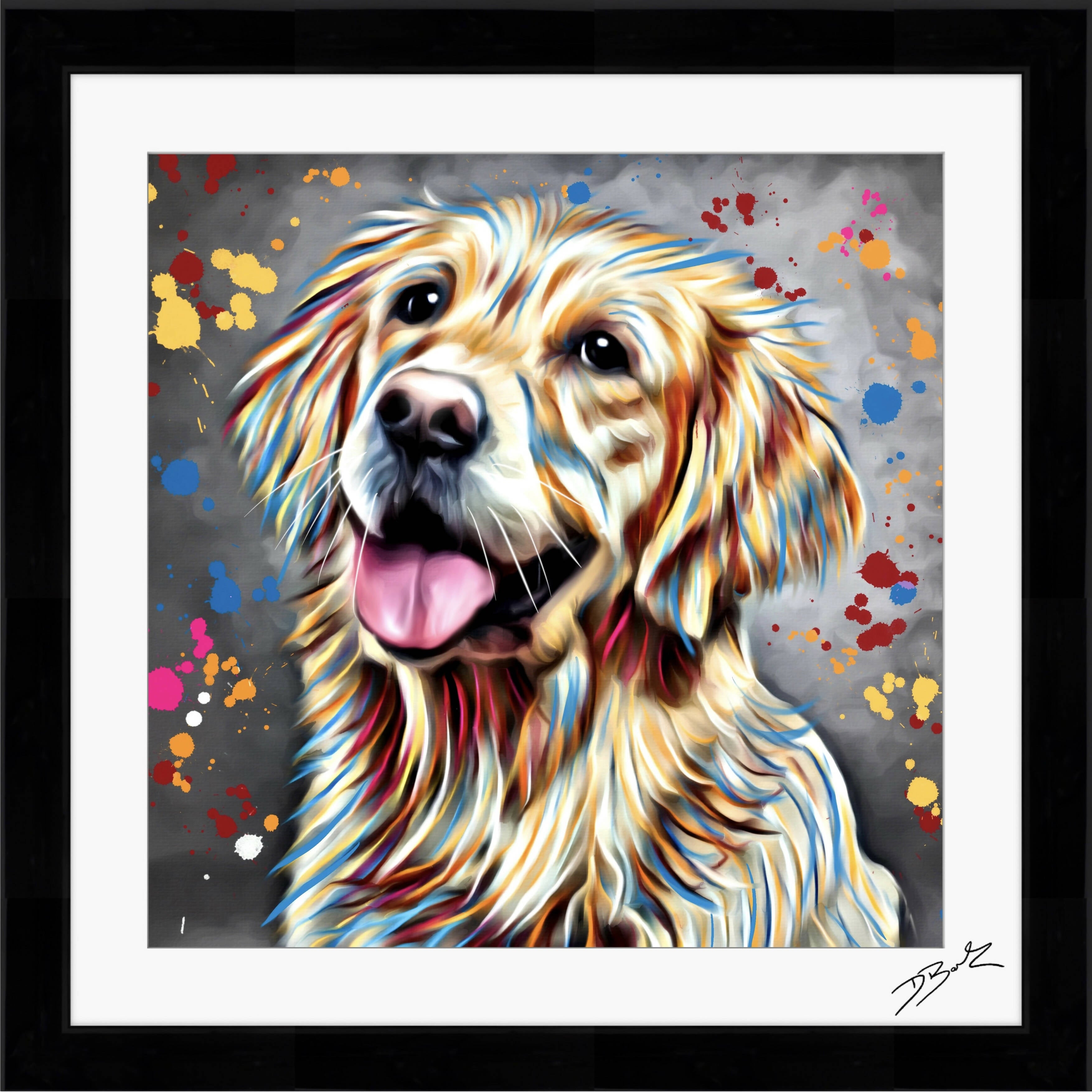 GOLDEN RETRIEVER DOG COLOUR SPLASH FRAMED ARTWORK.