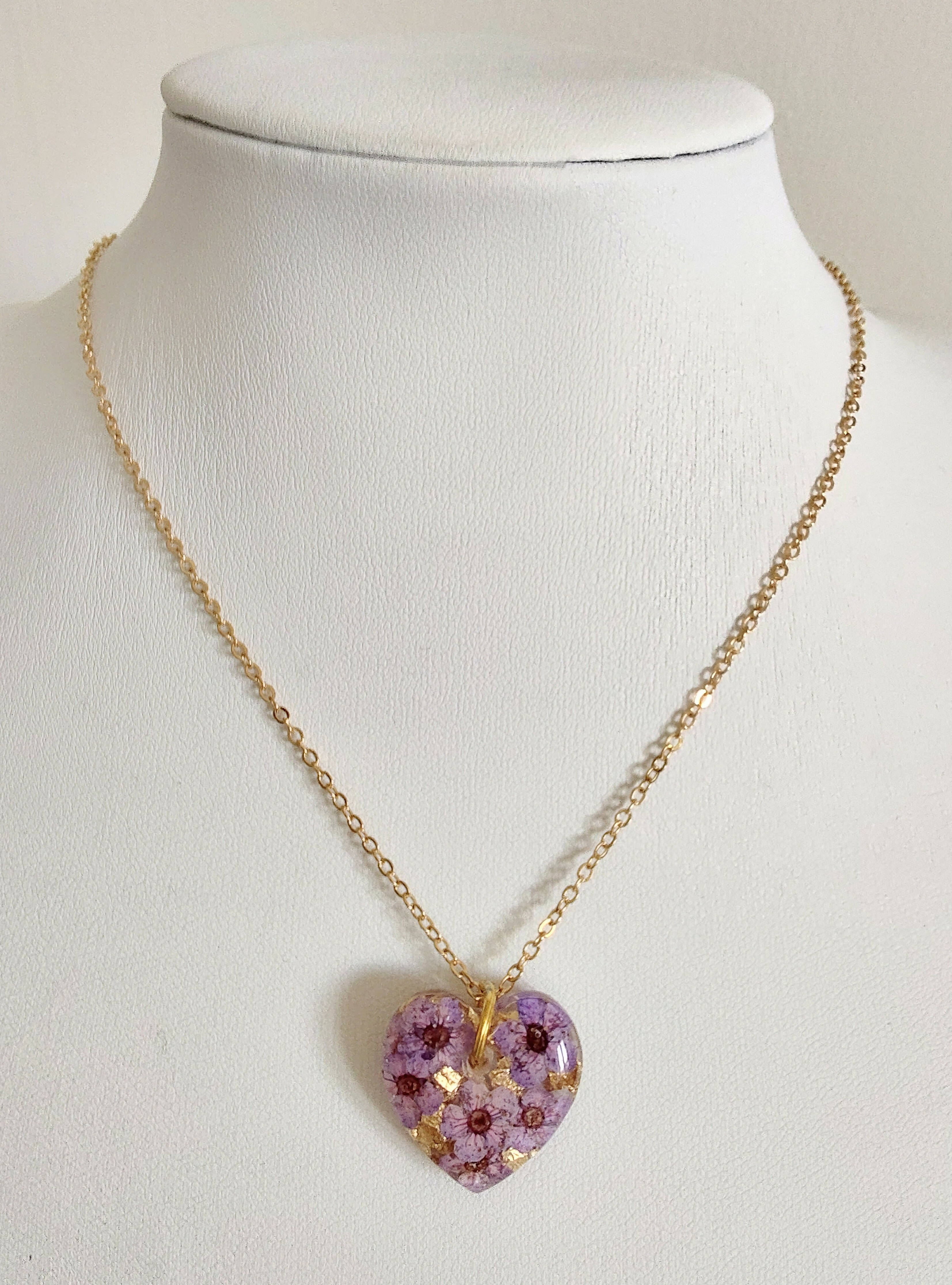 Purple Flower Blossom with Gold Leaf 3D Heart Shaped Necklace Gold Plated