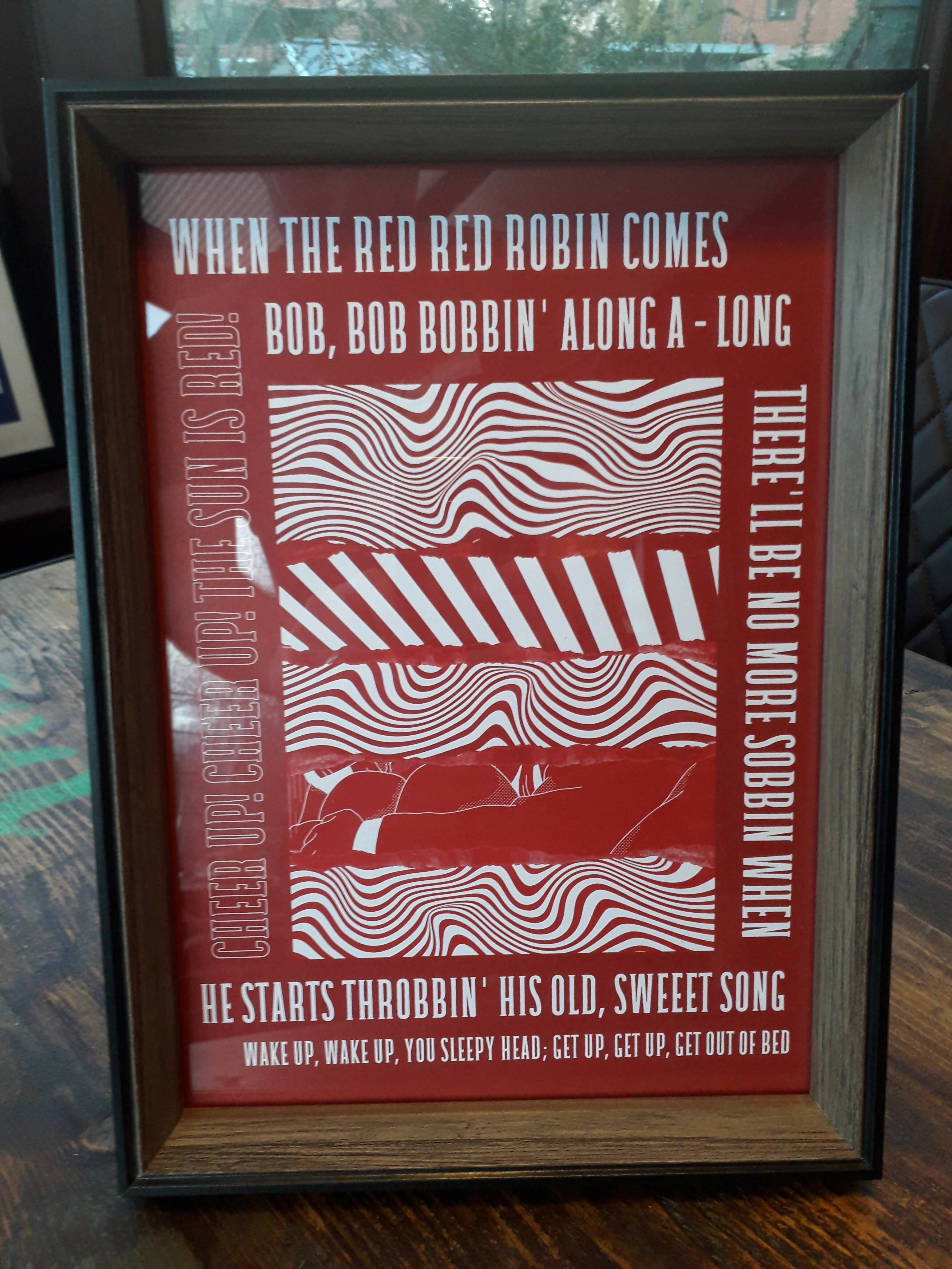 Hull KR - Inspired Psychedelic 'Red Red Robin' Lyrics in RED or WHITE - with Black & Brown Frame