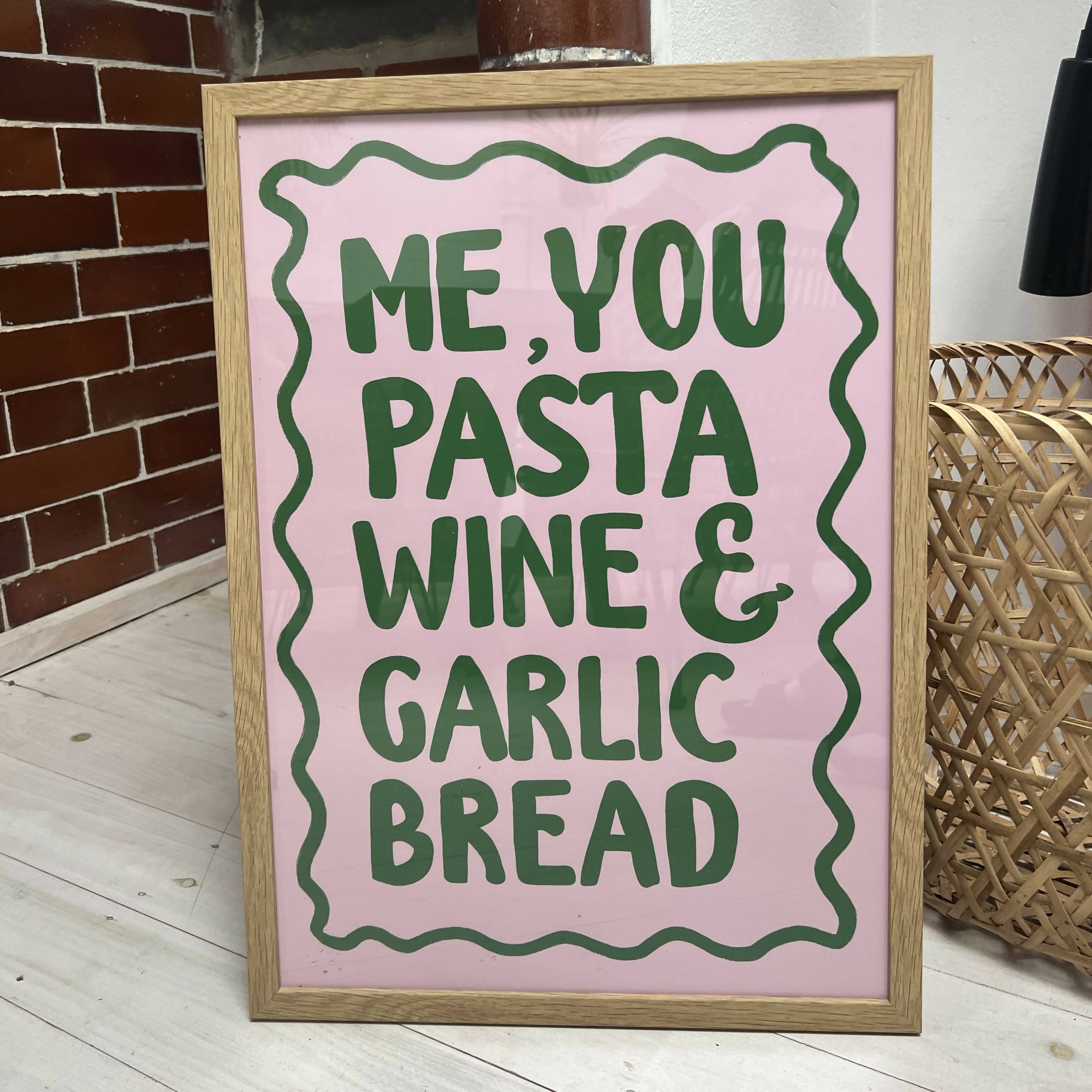 FRAMED Me, You, Pasta, Wine & Garlic Bread Print