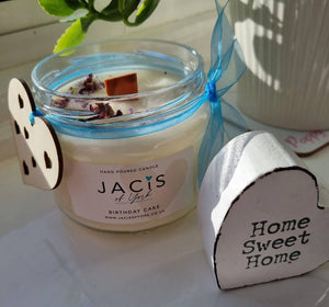 Jacis of York, 250ml Eco soy hand poured and hand decorated candle. Birthday Cake scented
