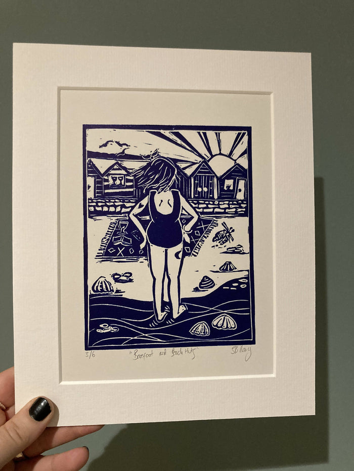 Barefoot & Beach Huts: Limited Edition Lino Print in blue