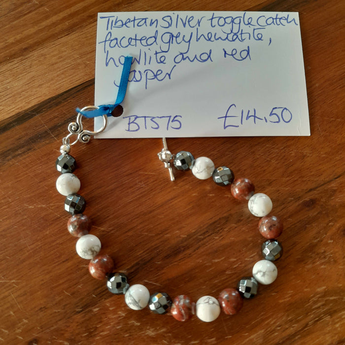 Tibetan Silver Toggle Catch Bracelet with Faceted Grey Hematite, Howlite and Red Jasper