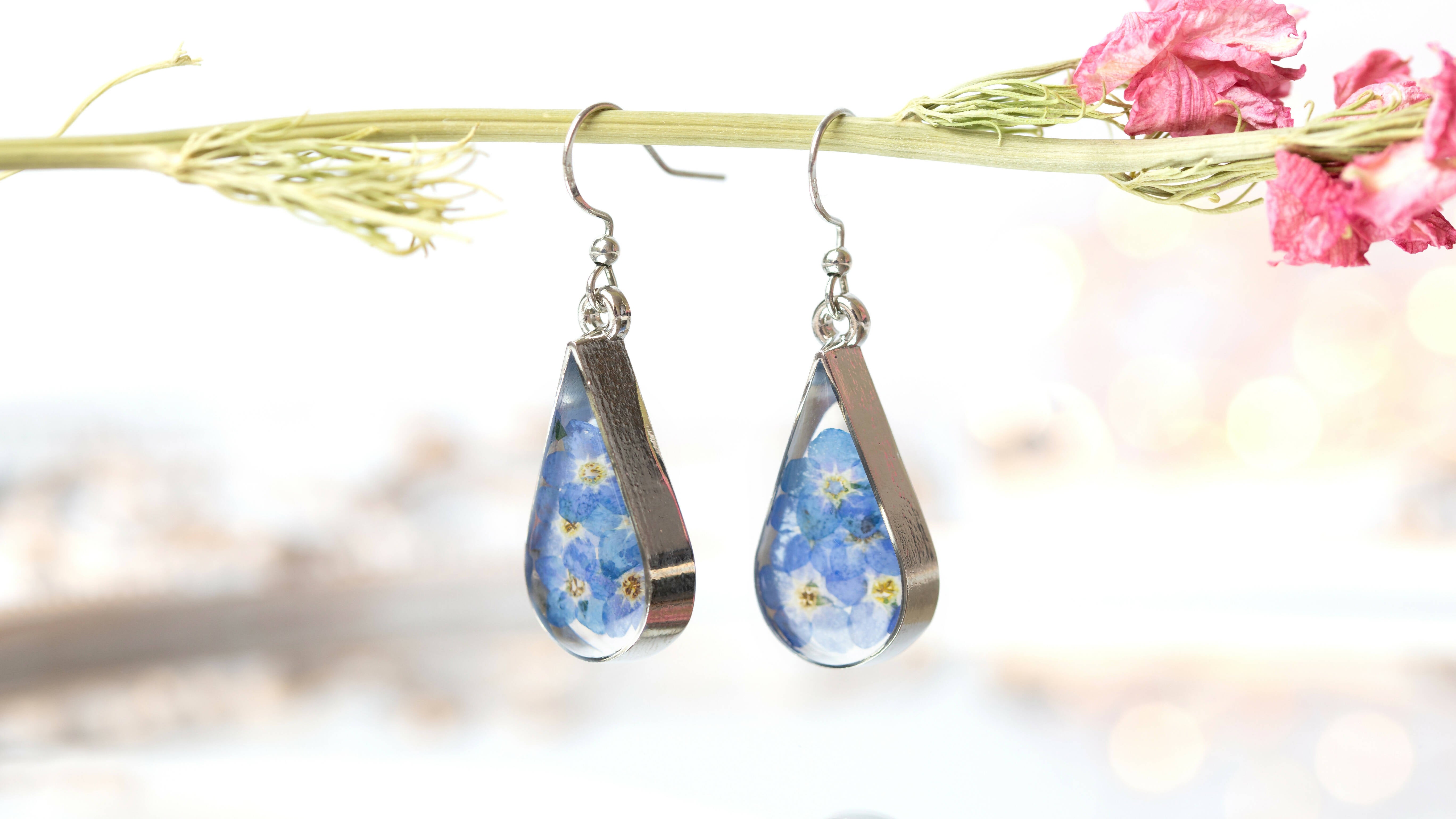 Forget Me Not Deep Teardrop Earrings Silver Plated