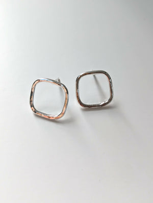 Organic open square hammered sterling silver studs - Handmade