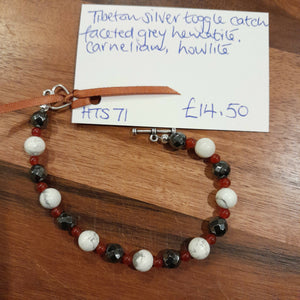 Tibetan Silver Toggle Catch Bracelet with Faceted Grey Hematite, Carnelian and Howlite