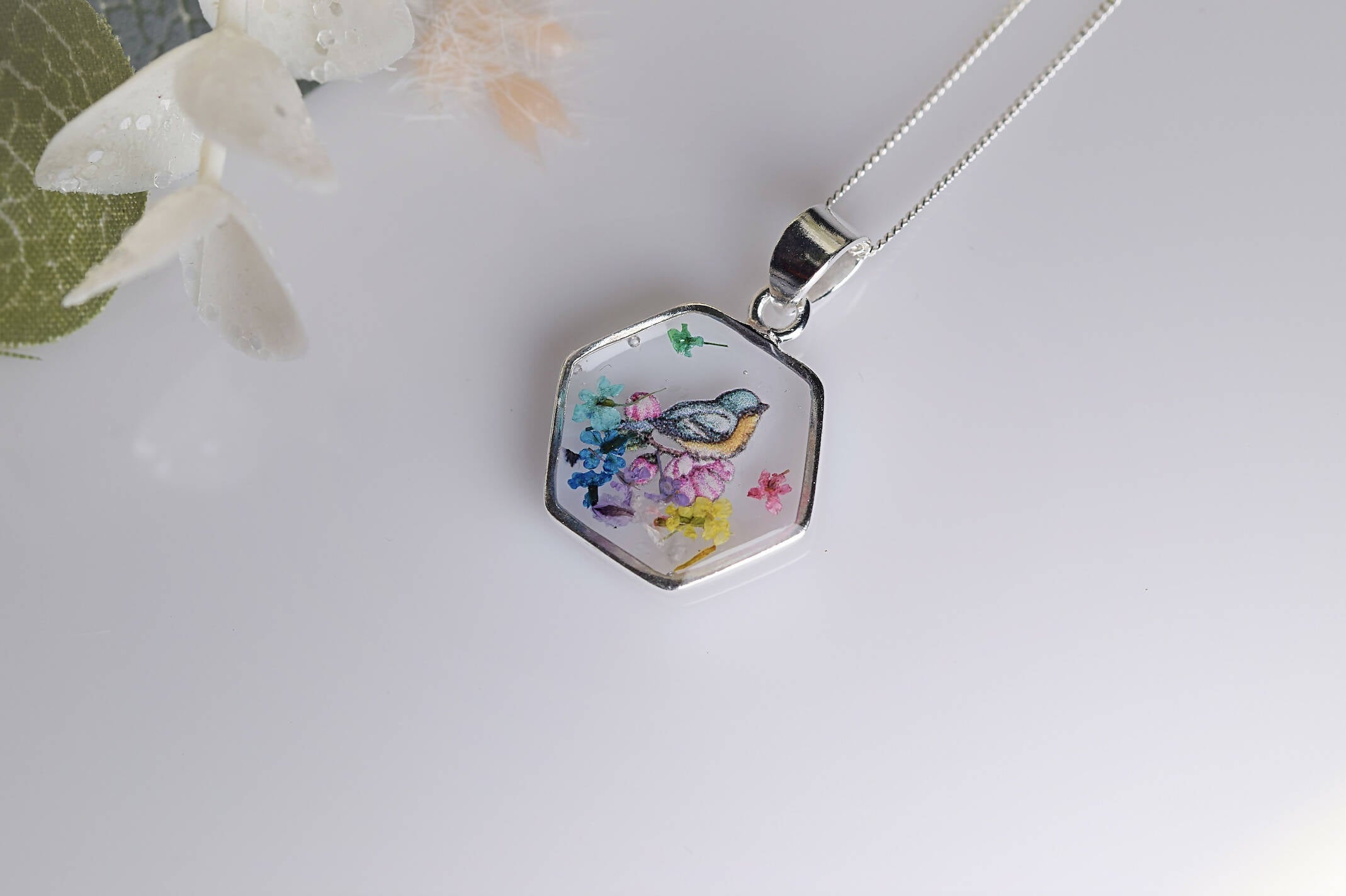 Silver Floral Hexagon Bird Necklace