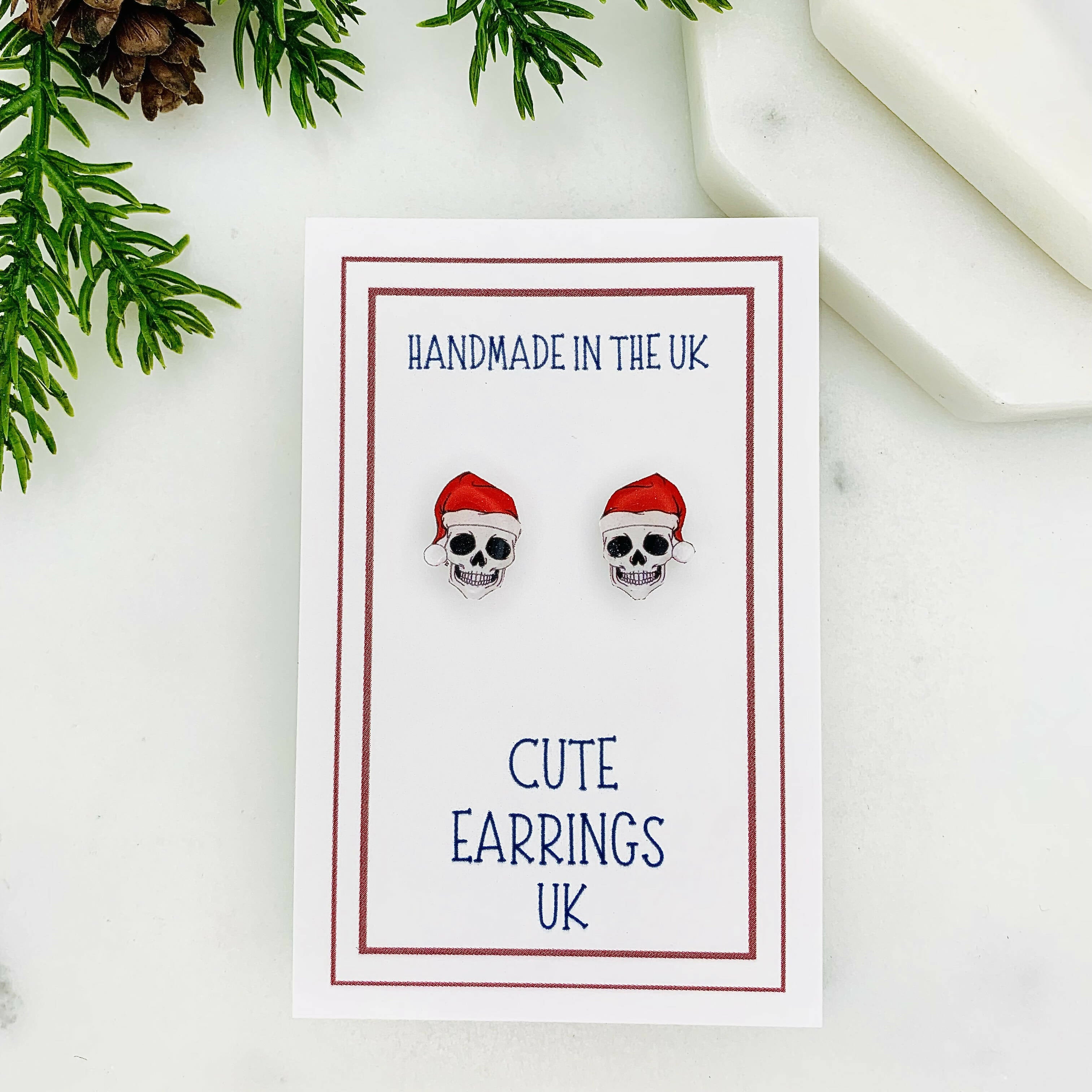 Skull In Christmas Hat Stud Earrings