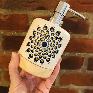 Hand Painted Dot Mandala Scandi Soap Dispenser: Navy with True Ochre