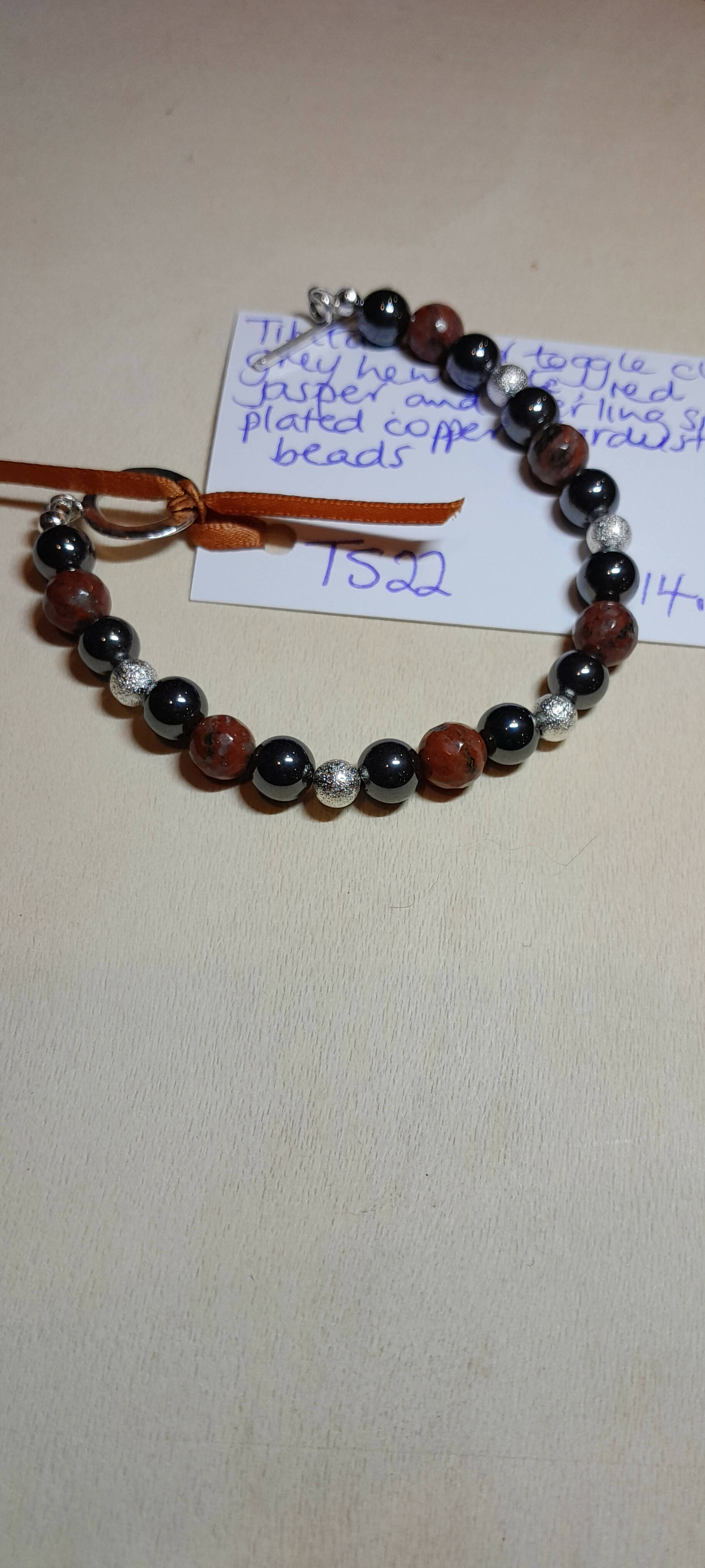 Tibetan Silver Clasp Bracelet with Grey Hematite, Red Jasper and Silver Plated Beads