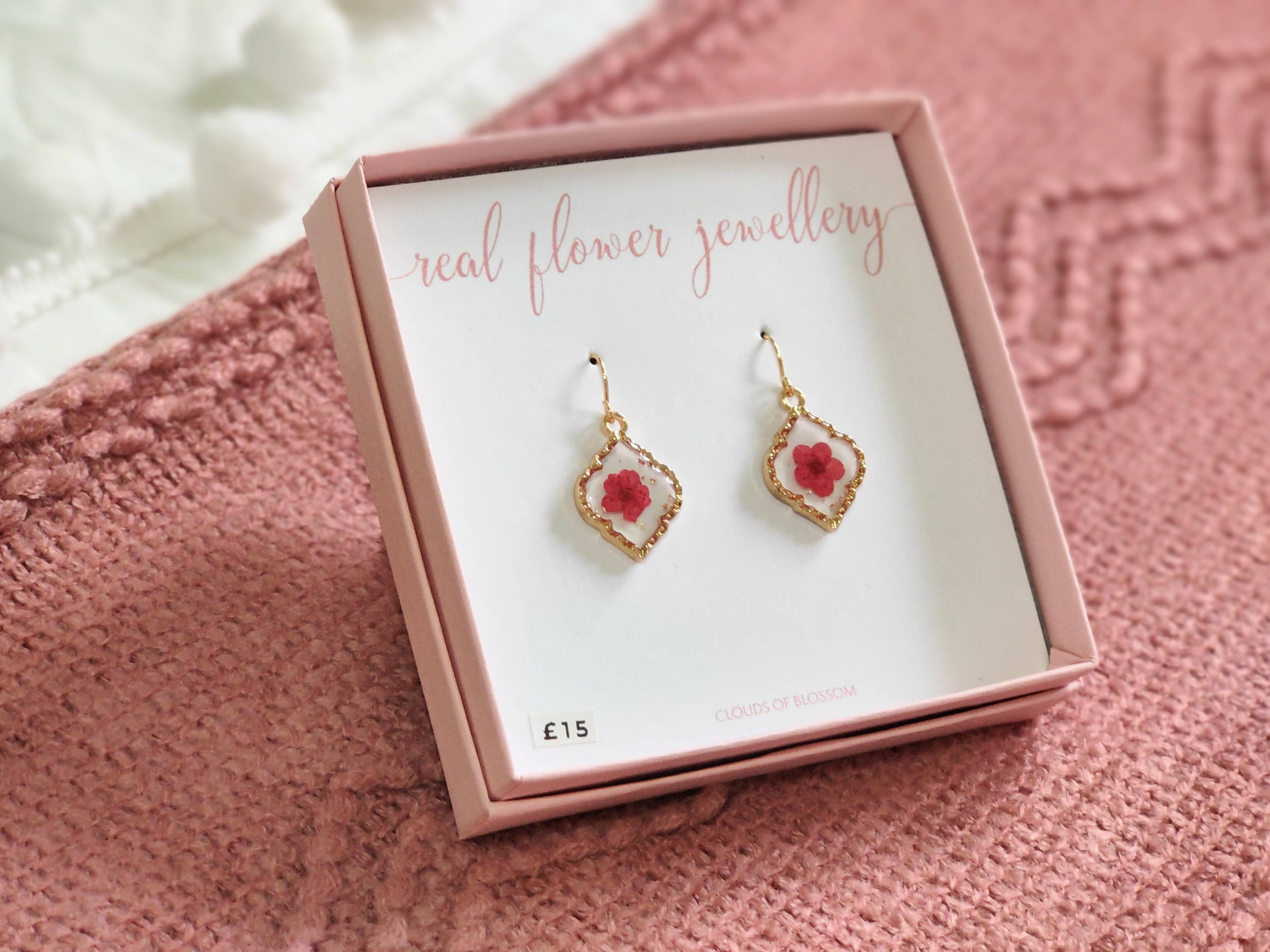 Red Baby’s Breath Fancy Diamond Shaped Bezel Earrings Gold Plated