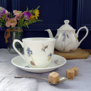 Fine bone china spring flowers teacup and saucer