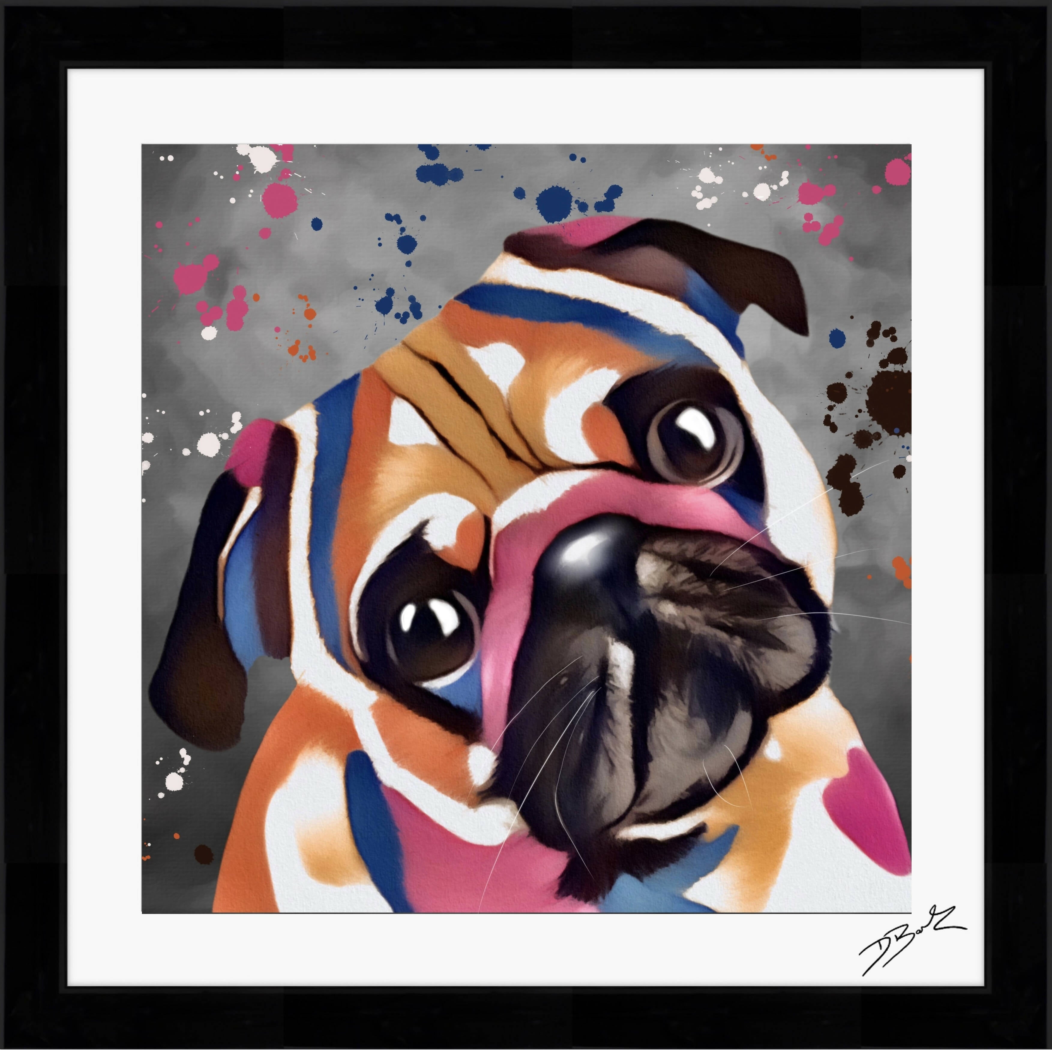 PUG DOG COLOUR SPLASH FRAMED ARTWORK.