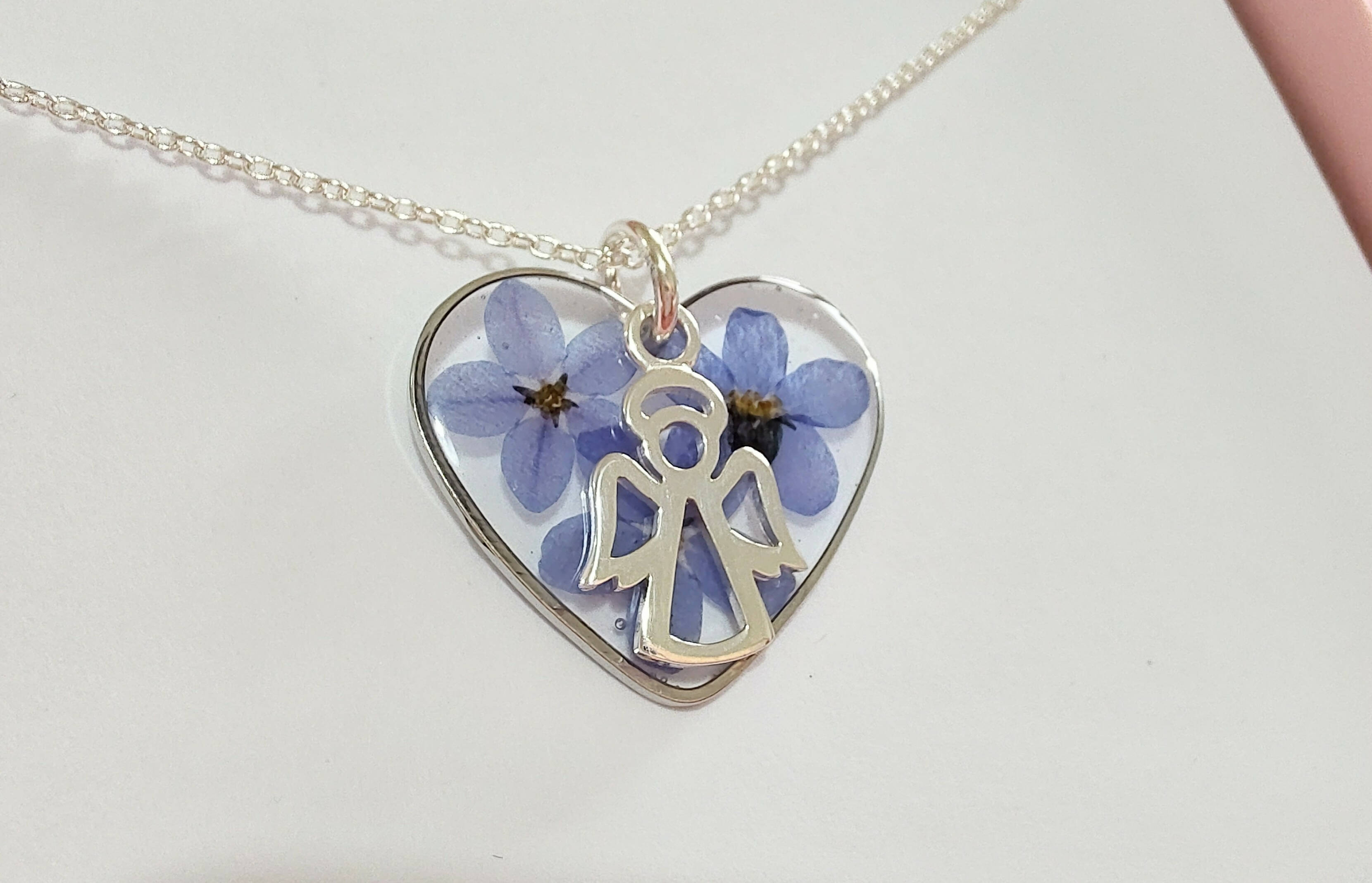 Forget Me Not Heart Necklace with Angel Sterling Silver