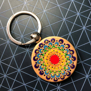 Hand Painted Dot Mandala Wooden Key Ring: Rainbow with Gold