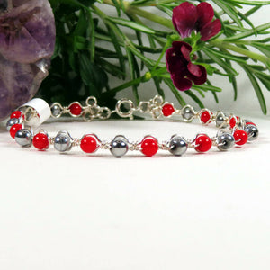 18cm Silver plated stacking bracelet with 4mm dyed Red Sea Bamboo and EP Haematite