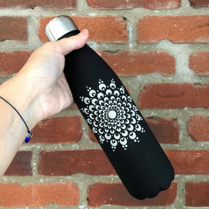 Hand Painted Dot Mandala Thermal Water Bottle: Cobblestone Grey with black