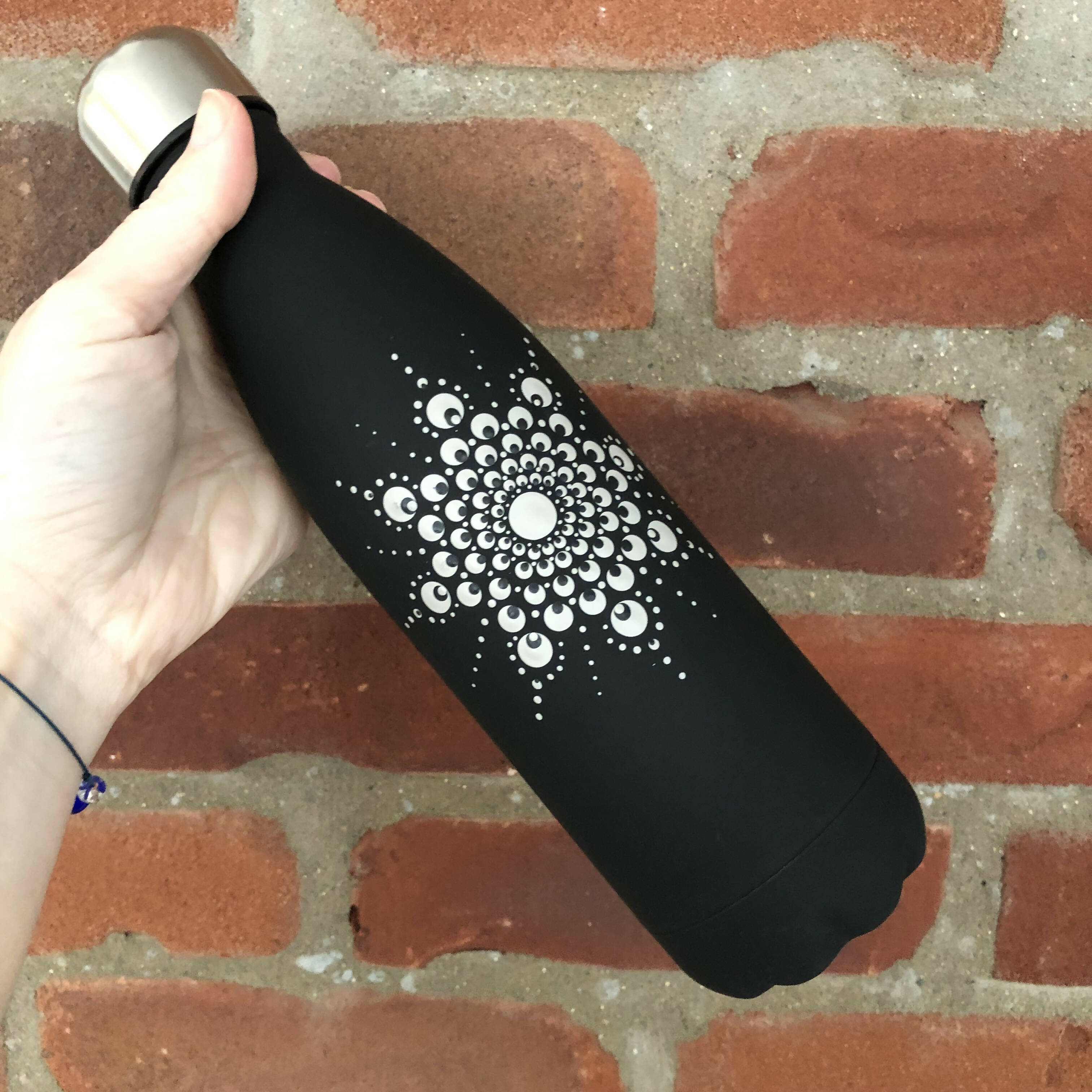 Hand Painted Dot Mandala Thermal Water Bottle: Star in Slate Grey