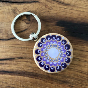 Hand Painted Dot Mandala Wooden Key Ring: Purple and Lilac